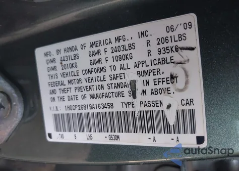 2009 Honda Accord 2.4 Ex-L из США, поврежденный, VIN 1HGCP26819A163458